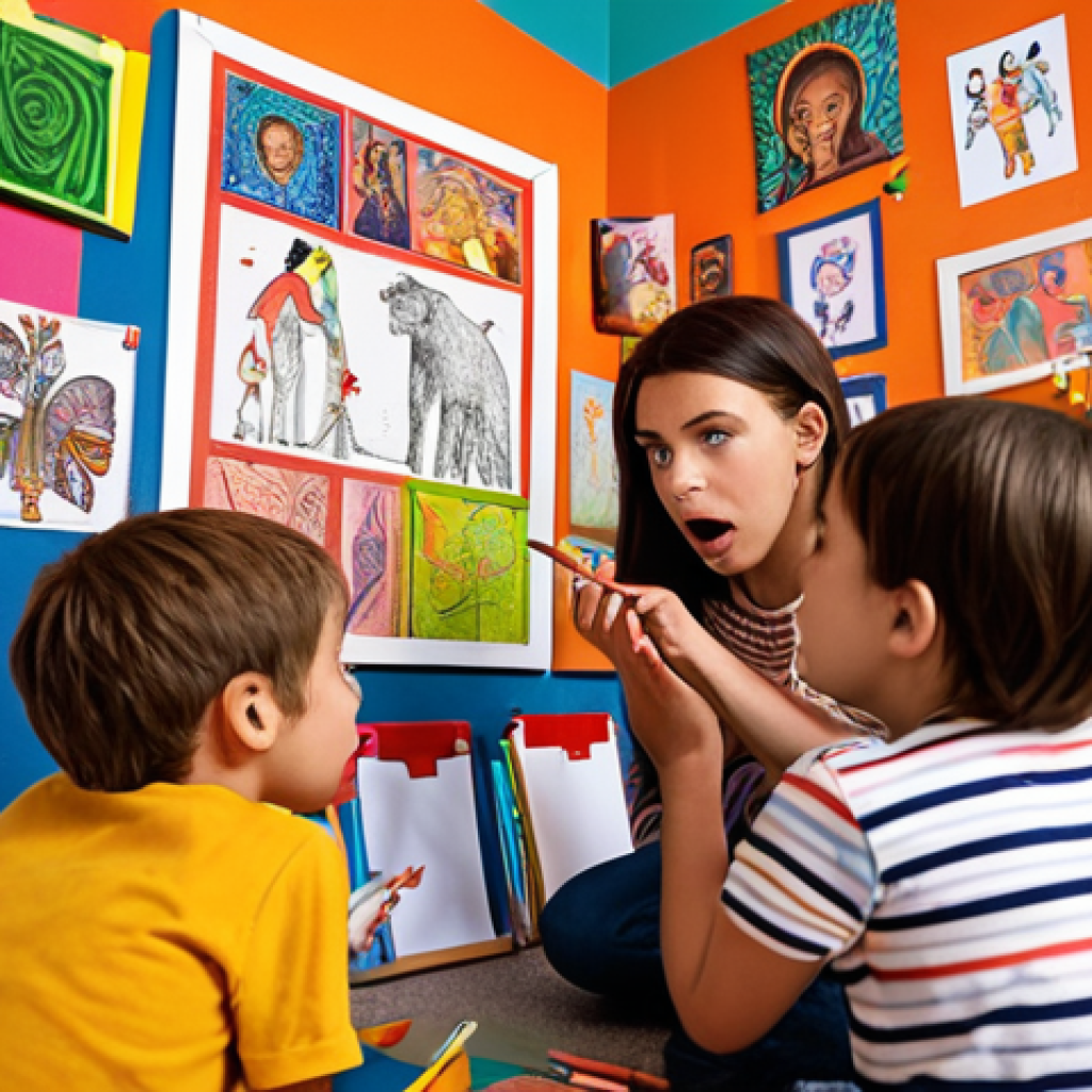 **Children captivated by a storyteller, surrounded by colorful art supplies, with vibrant drawings inspired by the stories adorning the walls.** (Focus: The magic of storytelling in art education)