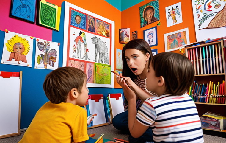 **Children captivated by a storyteller, surrounded by colorful art supplies, with vibrant drawings inspired by the stories adorning the walls.** (Focus: The magic of storytelling in art education)