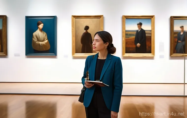 미술에서의 인터뷰 및 비평 방법 - **Exploring a Virtual Art Gallery:** A young person, dressed in contemporary casual clothes (a comfo...