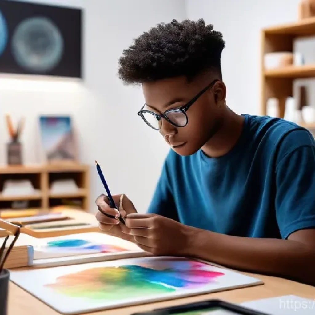 미술 수업에서의 AI 활용 사례 - **Prompt:** A young, diverse art student, wearing casual yet stylish clothes like a loose-fitting t-...