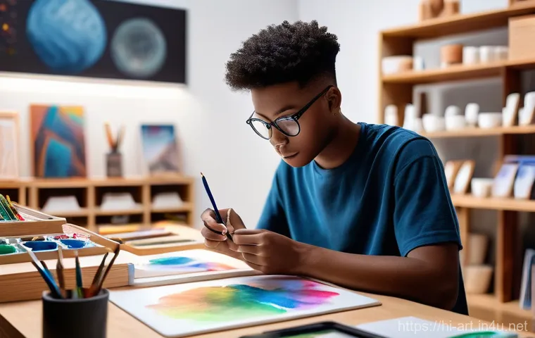 미술 수업에서의 AI 활용 사례 - **Prompt:** A young, diverse art student, wearing casual yet stylish clothes like a loose-fitting t-...