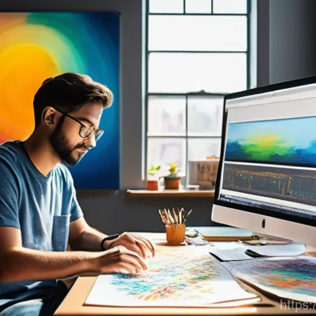 미술 교육에서의 데이터 시각화 - **"A vibrant art studio where a young, casually dressed male artist (wearing a t-shirt and jeans) is...