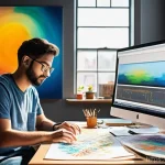 Home 20 미술 교육에서의 데이터 시각화 - **"A vibrant art studio where a young, casually dressed male artist (wearing a t-shirt and jeans) is...