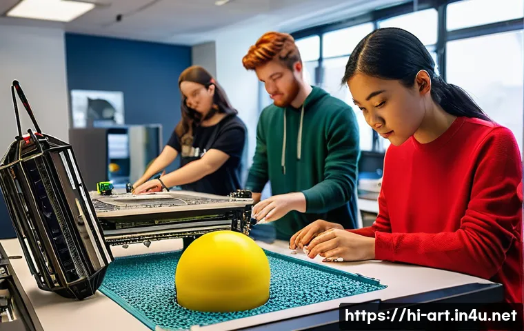 미술 교육에서의 3D 프린팅 활용 - **Prompt 1: Hands-on Creativity and Innovation**
    A vibrant, sunlit art studio scene where divers...