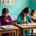 Home 16 미술 교육과 전통 공예 - A vibrant classroom scene in an Indian school where young children wearing colorful traditional clot...