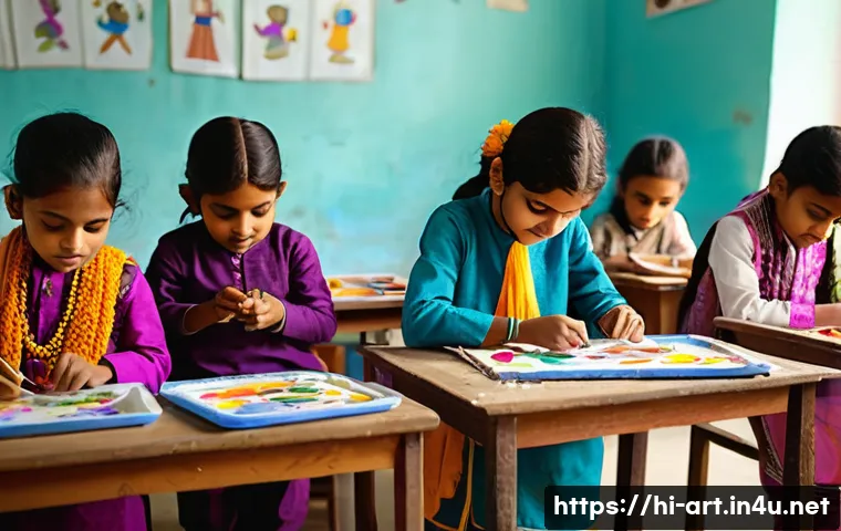 미술 교육과 전통 공예 - A vibrant classroom scene in an Indian school where young children wearing colorful traditional clot...