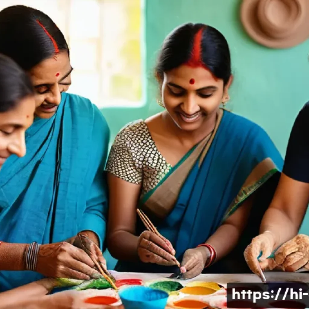 미술 교육과 조형 심리학 - A serene art therapy group session in a bright, spacious studio with diverse Indian adults actively ...