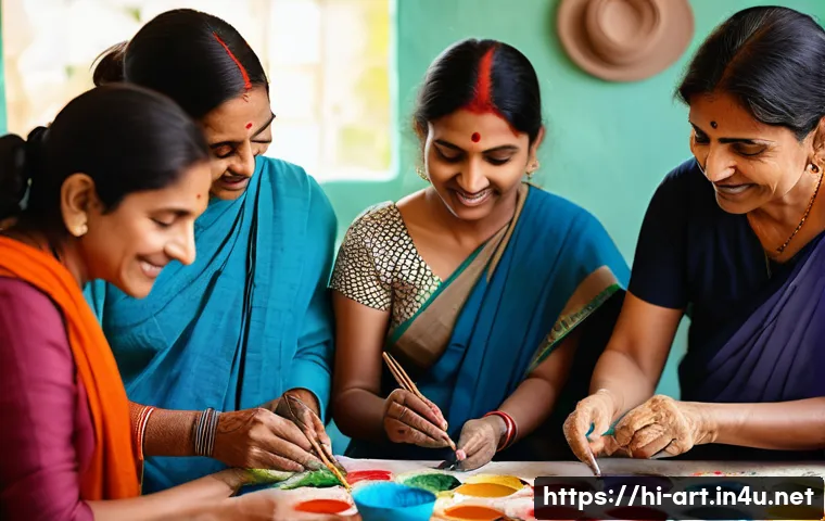 미술 교육과 조형 심리학 - A serene art therapy group session in a bright, spacious studio with diverse Indian adults actively ...