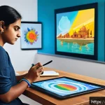 Home 18 미술 교육과 미술사 연구 방법 - A modern digital art classroom scene featuring a young Indian artist using a tablet and digital styl...