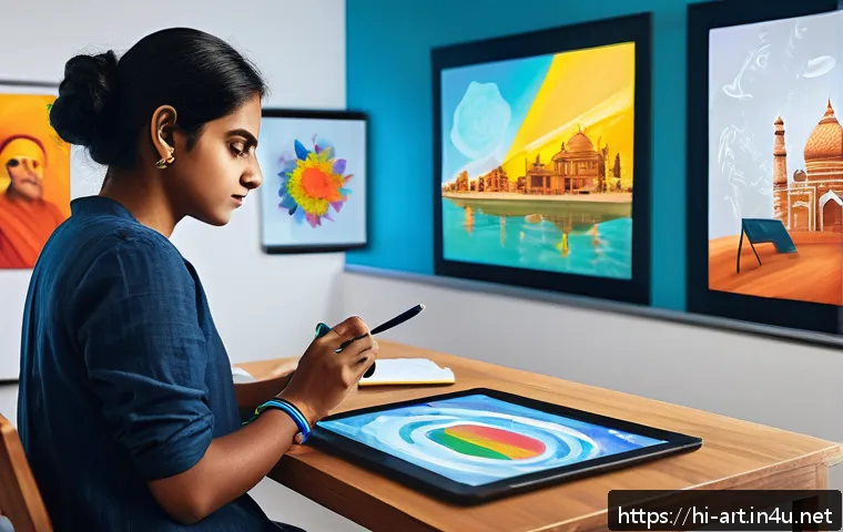 미술 교육과 미술사 연구 방법 - A modern digital art classroom scene featuring a young Indian artist using a tablet and digital styl...