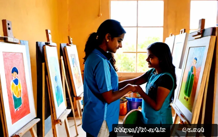 미술 교육과 문화 예술 경영 - Photorealistic art education workshop in a sunlit contemporary cultural center in Jaipur, Indian art...