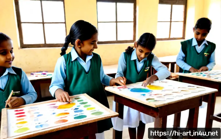 미술 교육과 음악과의 융합 - Photorealistic Hindi-speaking primary school art classroom in India, diverse children wearing modest...